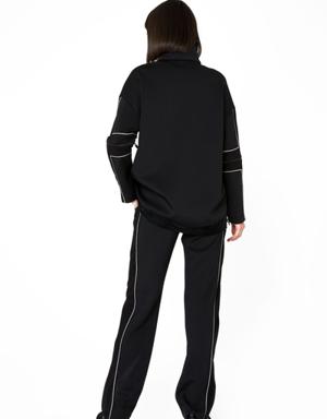 Collar And Sleeve Zipper Detail Black Sweatshirt