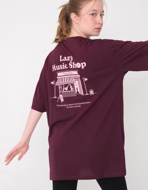 Sol Göğsü Lazy Shop Baskılı Oversize T-Shirt