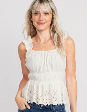 Old Navy Sleeveless Waist-Defined Ruffle-Trim Embroidered Babydoll Blouse for Women white
