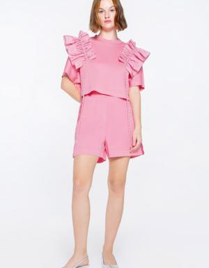 Short Sleeve Pink Tshirt With Ruffle And Cord Trim
