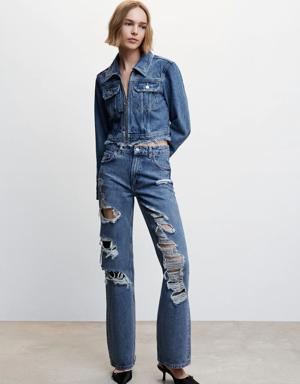 Ripped high-rise straight jeans