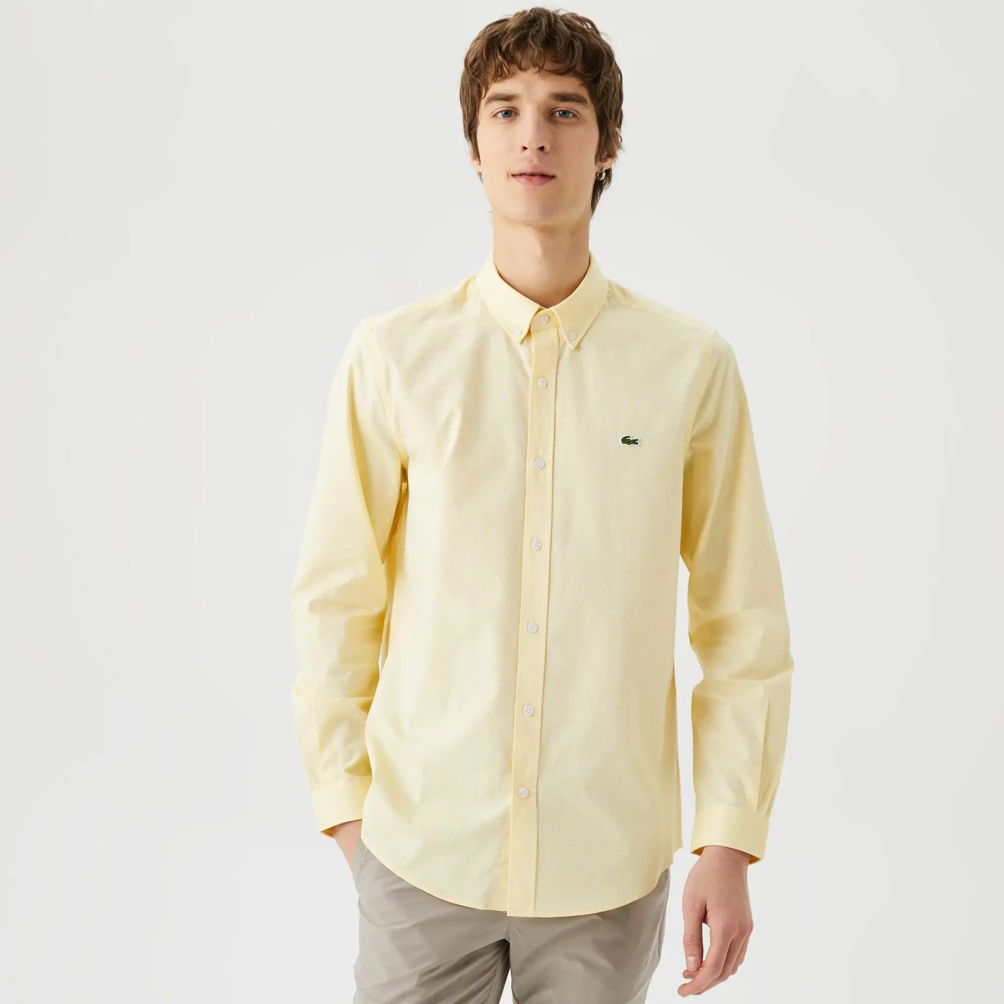 Lacoste Erkek Slim Fit Düğmeli Yaka Sarı Gömlek. 1