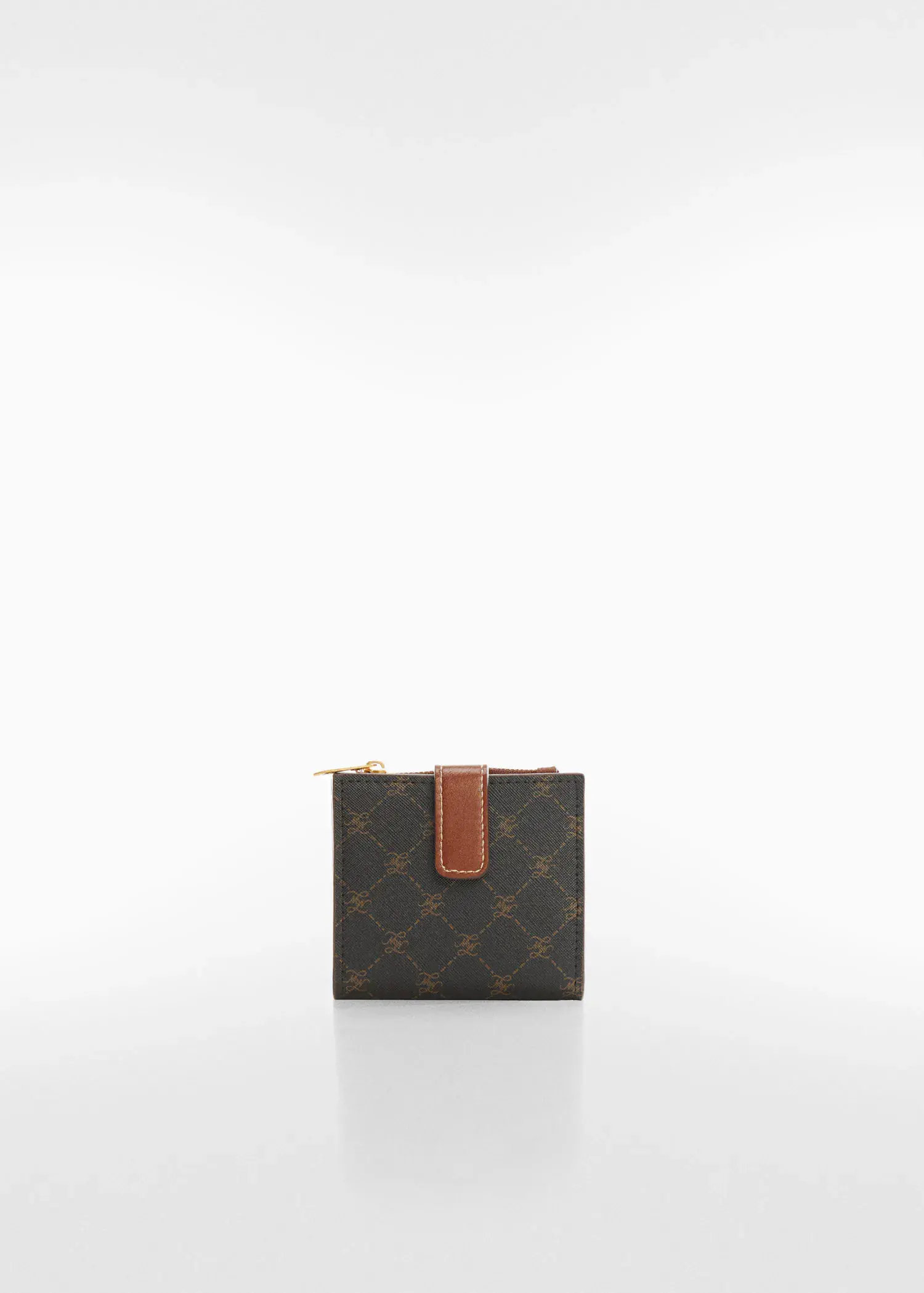 Mango Wallet with printed logo. a brown and black purse sitting on top of a white table. 