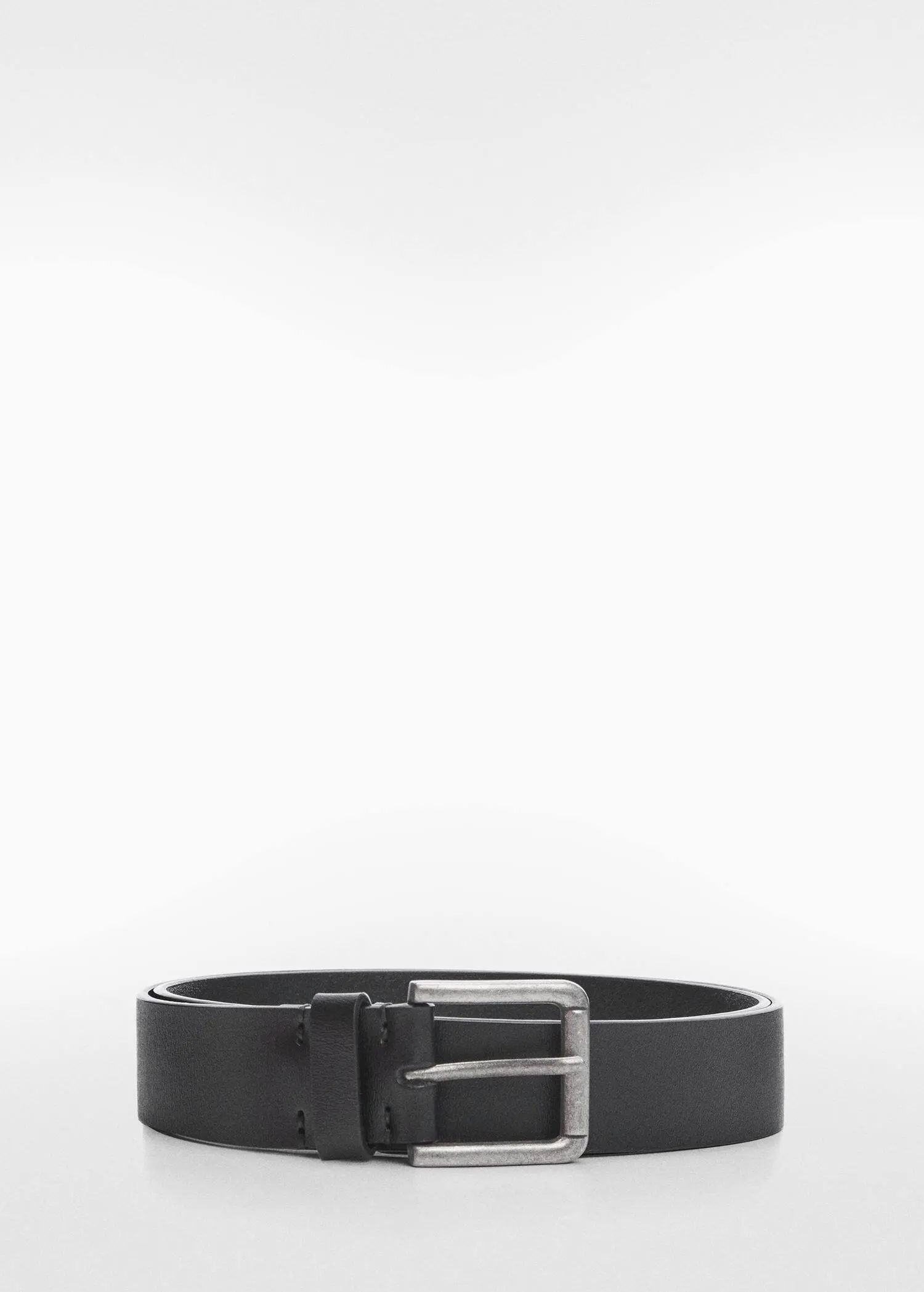 Mango Leather belt with square buckle . a close-up of a black belt on a white background. 
