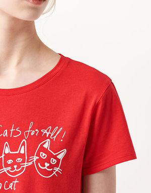 Cats For All Baskılı Kırmızı Tişört