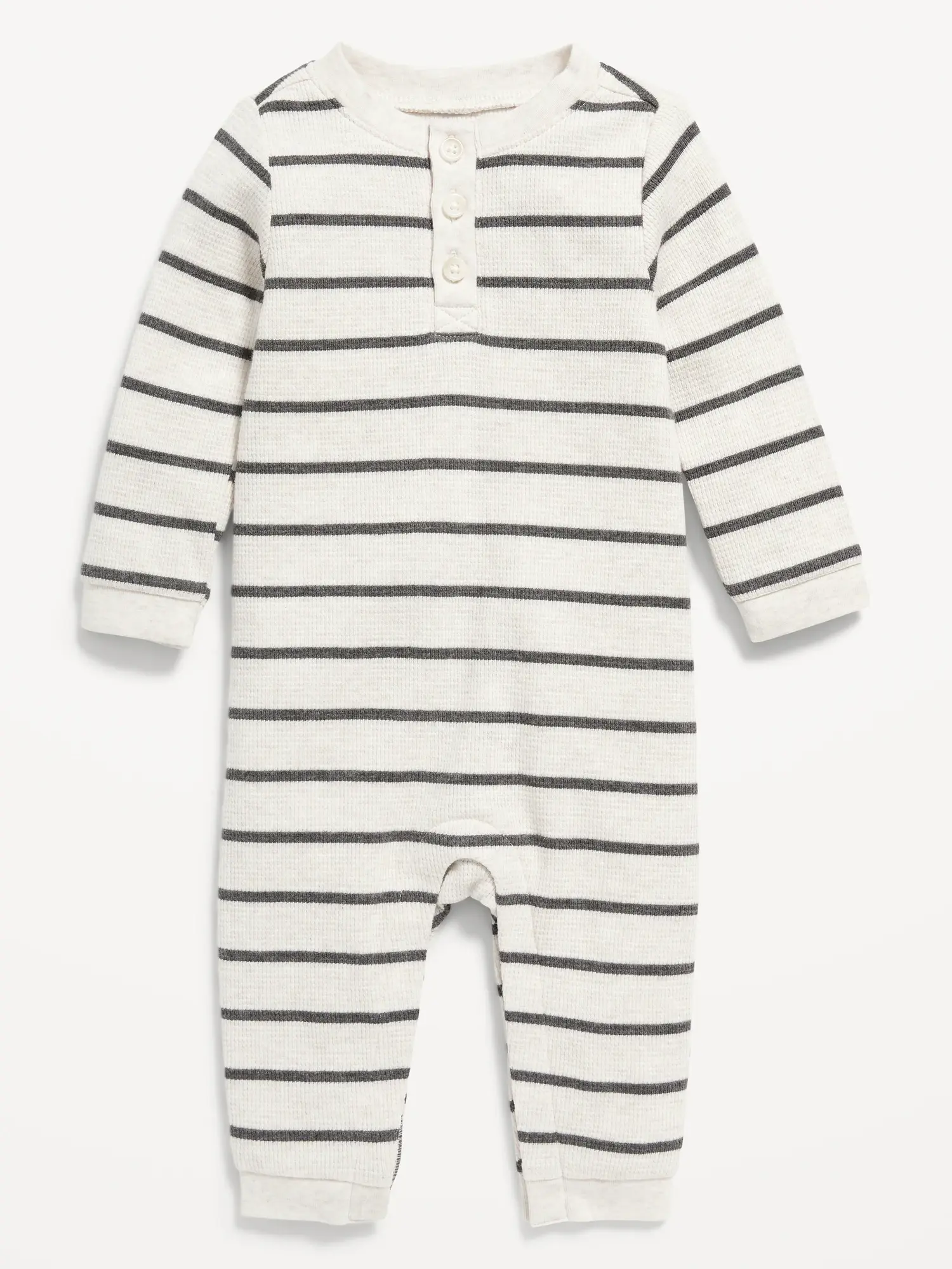 Old Navy Long-Sleeve Striped Thermal-Knit Henley One-Piece for Baby beige. 1