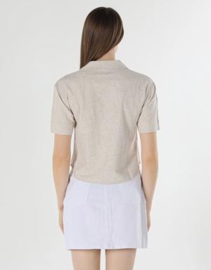 Regular Fit Shirt Neck Cep Detaylı Bej Kadın Kısa Kol Gömlek