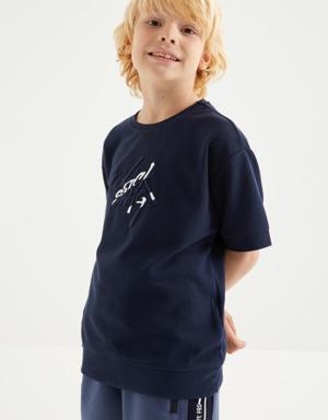 İndigo Oversize Yazı Nakışlı Kısa Kollu O Yaka Erkek Çocuk T-Shirt - 10898