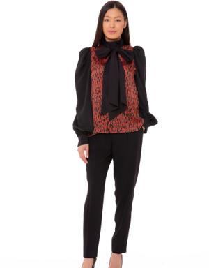 Contrast Detailed Stand Up Collar Floral Patterned Flowy Red Blouse