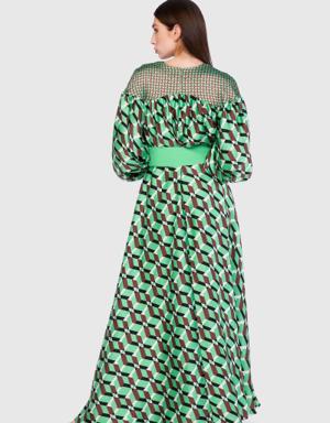 فستان طويل لون أخضر بنقشات الجيومتريك الصغيرة والكبيرة