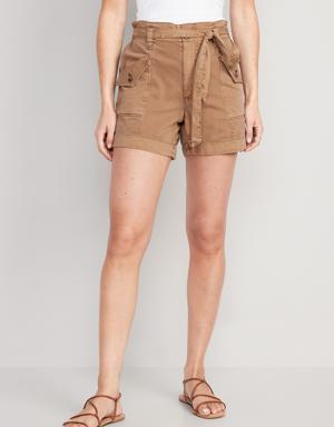 Extra High-Waisted Tie-Front Cargo Workwear Shorts for Women -- 4-inch inseam brown