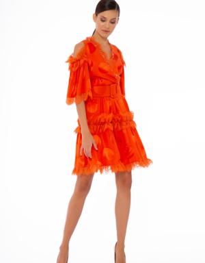 Embroidered And Lace Detail, Belted Off-Shoulder Orange Dress