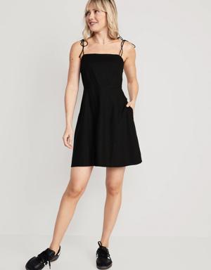 Fit & Flare Tie-Strap Linen-Blend Mini Dress for Women black