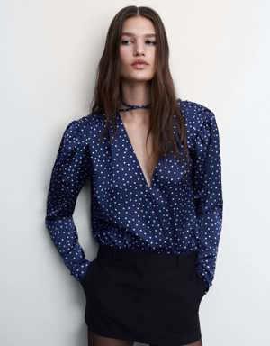 Satin blouse with floral polka-dots