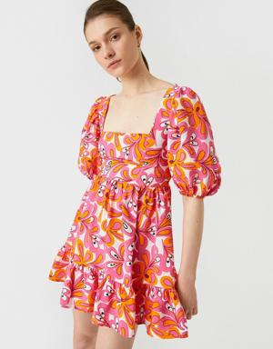 Mini Elbise Çiçekli Kare Yaka Balon Kollu