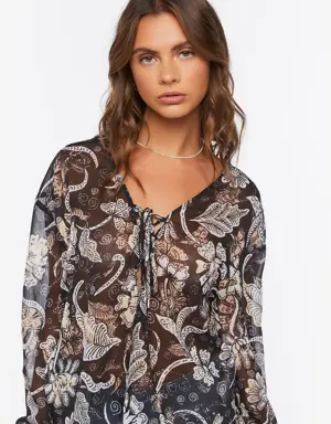 Forever 21 Chiffon Floral Print Lace Up Top Black/Ivory