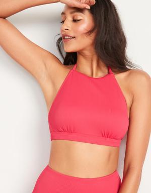 Rib-Knit Halter Bikini Swim Top for Women pink