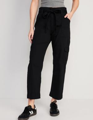 High-Waisted Tie-Belt Cargo Straight Workwear Ankle Pants for Women black