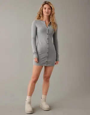 Knit Long-Sleeve Button Front Mini Dress