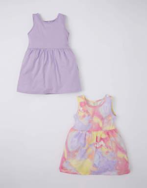Kız Bebek Desenli Kolsuz 2'li Penye Yazlık Elbise