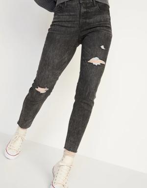 High-Waisted Rockstar Super-Skinny Gray Ripped Ankle Jeans for Women black