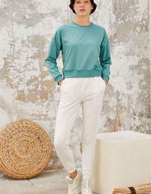 Mint Yeşili Basic Rahat Form O Yaka Kadın Sweatshirt - 97114