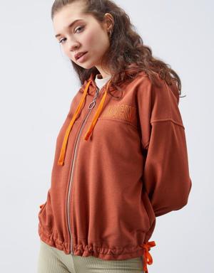 Tarçın Kapüşonlu Renkli Bağcıklı Fermuarlı Kadın Oversize Sweatshirt - 97176