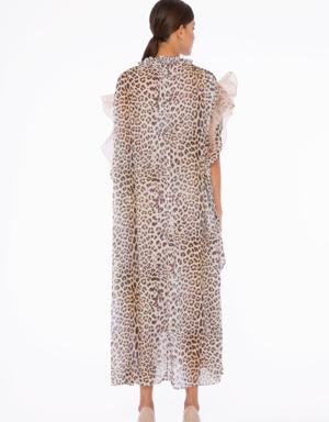 Organza Volan Detail, Beads And Stone Embroidered Chiffon Leopard Dress