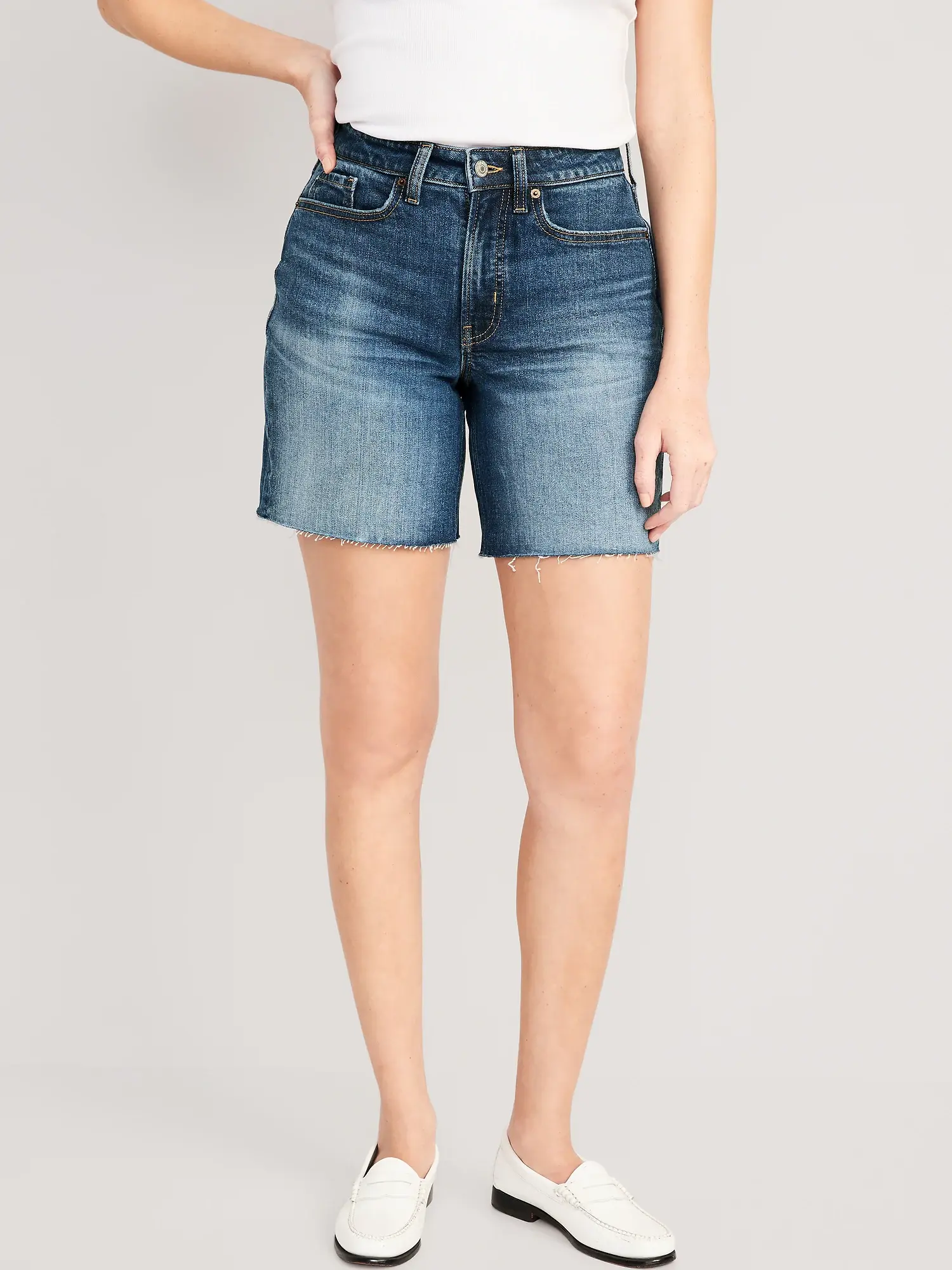 Old Navy Curvy High-Waisted OG Straight Cut-Off Jean Shorts for Women -- 5-inch inseam blue. 1