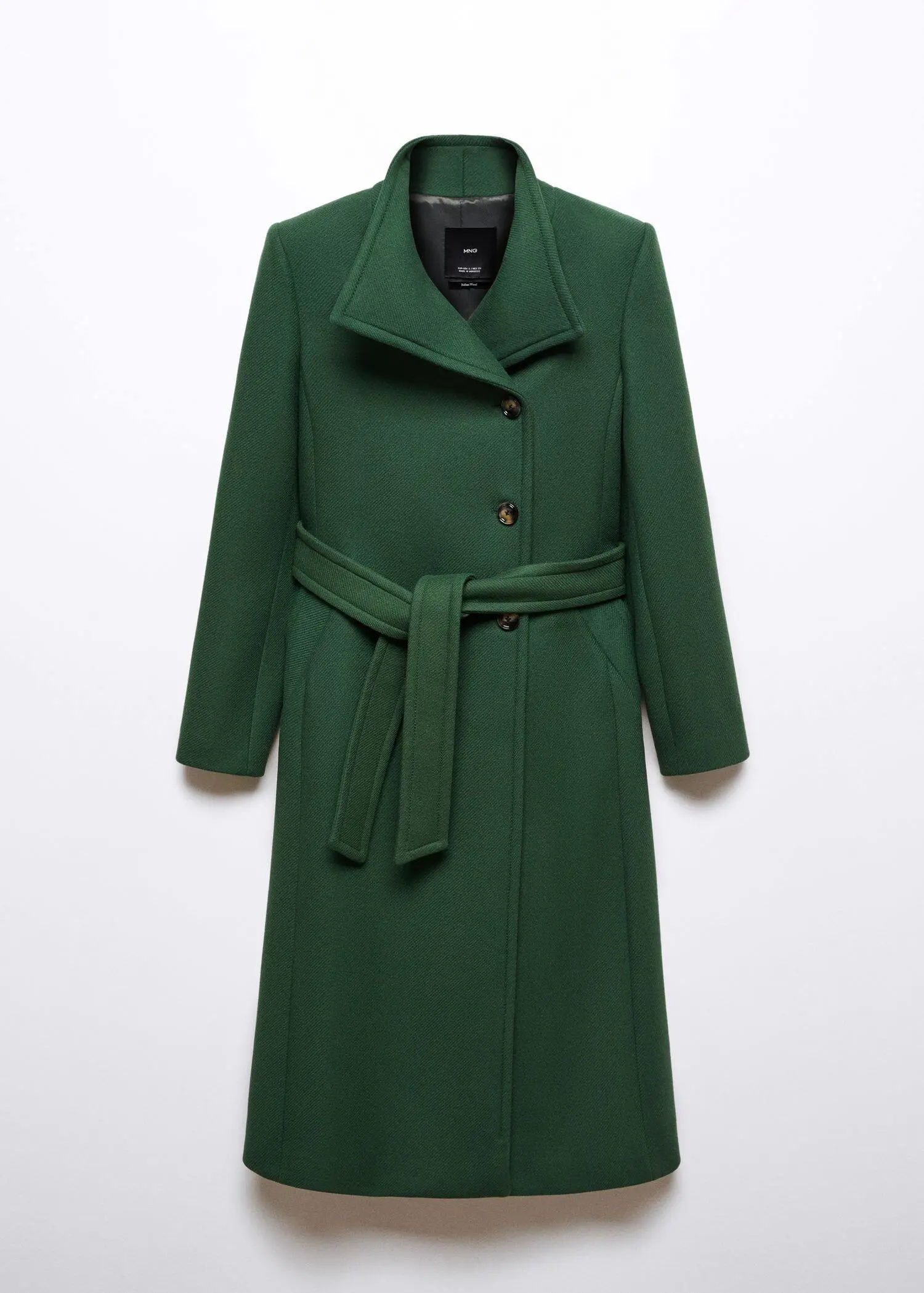 Mango Woollen coat with belt. a green coat is shown on a white background. 