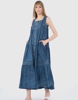 Sewing Detailed Front Buttoned Pleated Long Blue Jean Dress