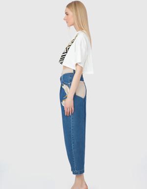 Contrast Fabric Detail Relaxed Cut Navy Blue Trousers