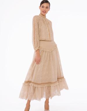 Stripe And Ruffle Detailed, Embroidered Tulle Long Beige Skirt