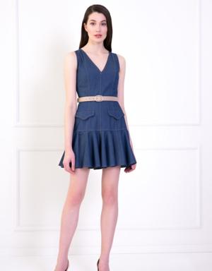 Woven Denim Ruffle Contrast Leather Belt Blue Mini Dress