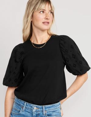 Old Navy Puff-Sleeve Cutwork Top for Women black