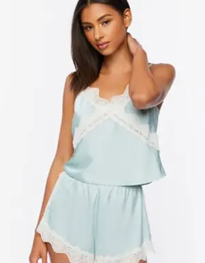 Forever 21 Satin Lace Trim Cami &amp; Shorts Set Blue Mist/Ivory