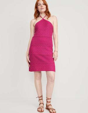 Halter Tie-Strap Crochet Mini Dress for Women red