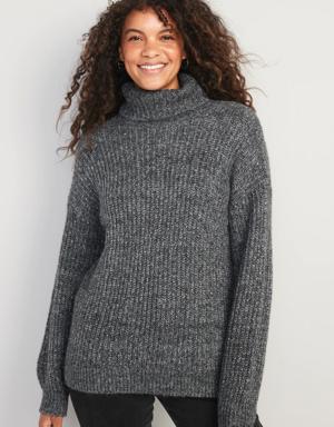 Marled Shaker-Stitch Tunic-Length Turtleneck Sweater for Women gray