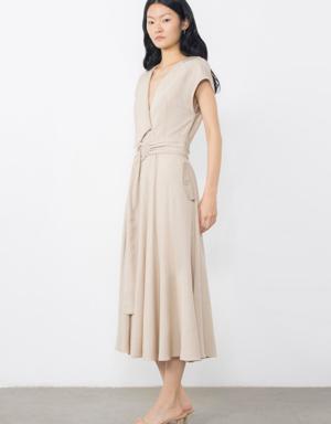 Beige Dress With Asymmetric Collar With Embroidered Button Detail
