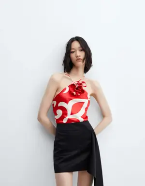 Satin top with decorative flower print 
