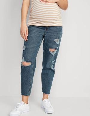 Maternity Full-Panel Slouchy Straight Cropped Ripped Cut-Off Jeans blue