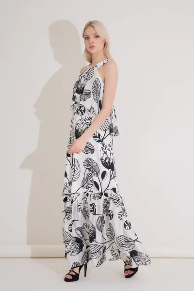 Gizia Ruffle Detailed Patterned Long Ecru Silk Dress. 2