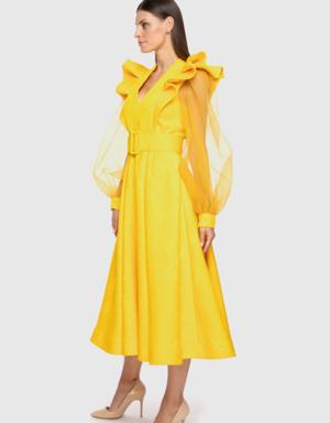 Sleeves Tulle Detailed Yellow Midi Dress