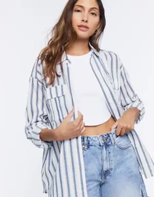 Forever 21 Striped Curved Hem Shirt White/Navy