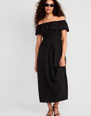 Waist-Defined Ruffled Off-The-Shoulder Smocked Maxi Dress for Women black
