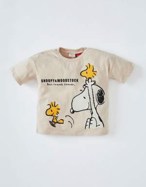 Erkek Bebek Snoopy Bisiklet Yaka Penye Kısa Kollu Tişört