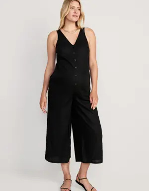 Maternity Sleeveless Linen-Blend Cropped Henley Jumpsuit black