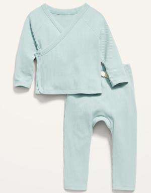 Unisex Rib-Knit Kimono Top and Convertible Footed Leggings Layette Set for Baby blue