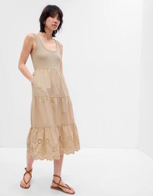 Eyelet Mixed Fabric Midi Dress beige