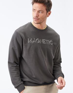 Haki Yazı Nakışlı O Yaka Rahat Form Erkek Sweatshirt - 88020
